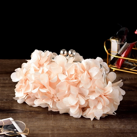 Women Evening Bag Clutch Dimensional Flower Petals Satin Elegant Party Wedding Handbag With Detachable Metal Chain