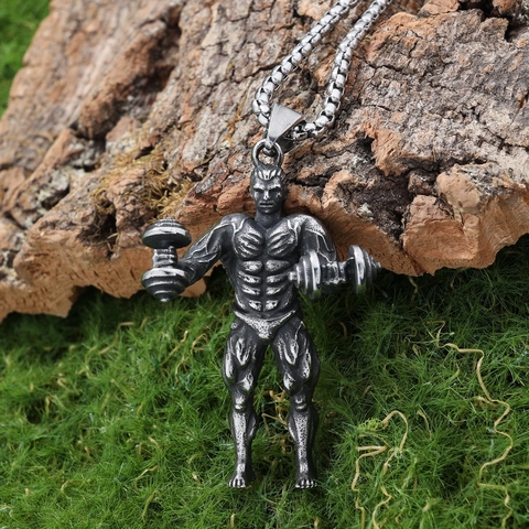 Μενταγιόν Κολιέ Bodybuilding Muscle Man Από Ανοξείδωτο Ατσάλι Fitness Dumbbell Gym Vintage Στυλ Κοσμήματα Για Άνδρες