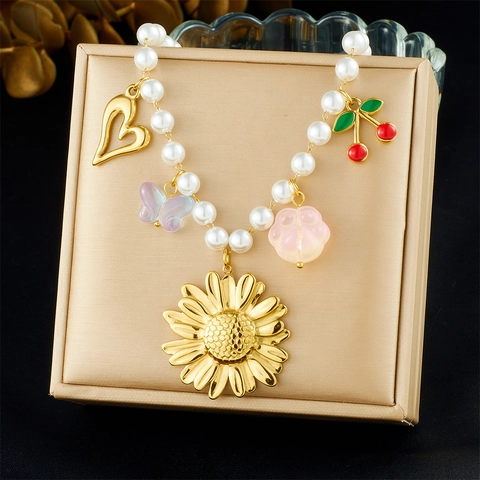 Trendy Imitation Artificial Pearl Necklace With Stainless Steel Sunflower Heart Butterfly Cherry Flower Pendants For Women Jewelry