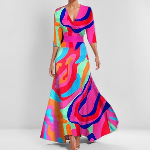 Damen Elegantes V-Ausschnitt Bedrucktes Maxikleid Polyester Hohe Taille Dreiviertelarm Blumen Commuter Stil Langes Gewand Dame