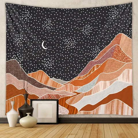 Tappezzeria Montagna Astratta Notte Stellata Luna Stella Tessuto Poliestere Decorazione Parete Bohemien Arte Moderna Per Camera
