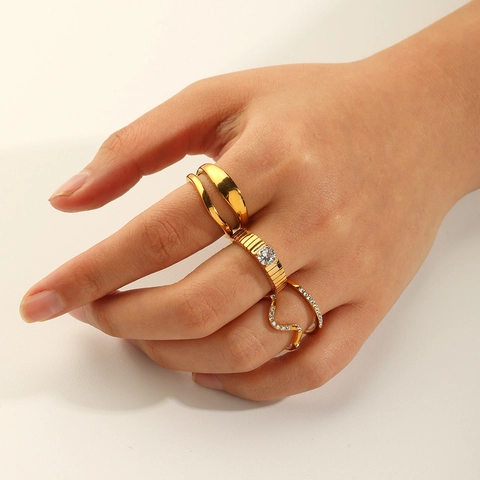 Geometrische Wellenringe 18K Vergoldet Edelstahl Zirkon Inlaid Minimalistisch Verstellbarer Schmuck Für Frauen