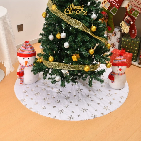 Jupe De Sapin De Noël Fausse Fourrure Blanche Peluche Ronde Avec Flocons De Neige Pailletés Or Argent Décoration