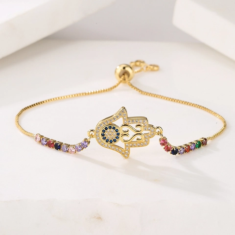 Bracelet Hamsa Hand Infinity Cuivre Plqué Or 18K Zircon Coloré Fermoir Coulissant Réglable Bijoux Pour Femmes