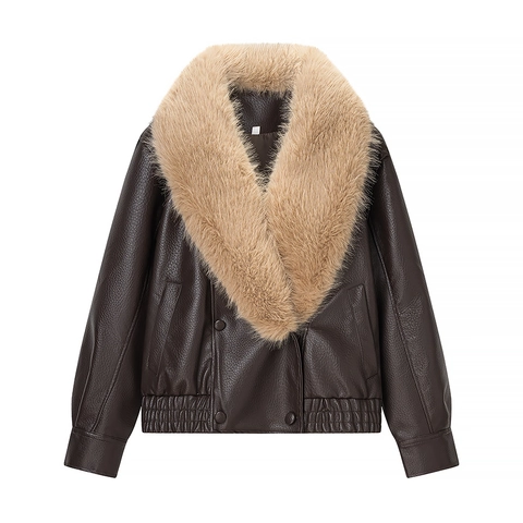Giacca In Pelle PU Da Donna Con Collo In Pelliccia Sintetica Casual Allentata A Maniche Lunghe Aviatore Biker Cappotto Invernale