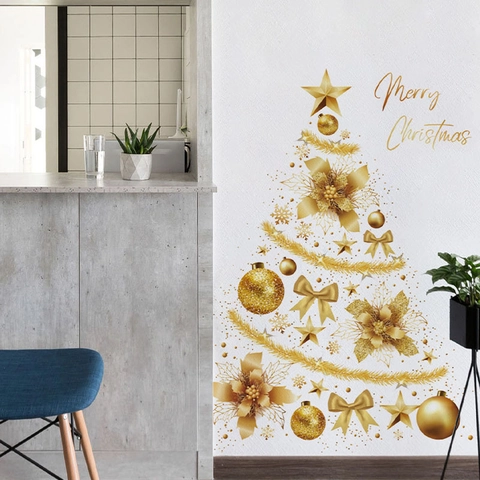 Pegatina De Pared De Árbol De Navidad Dorado PVC Extraíble Letras De Feliz Navidad Estrella Arco Flor Para Decoración Del Hogar