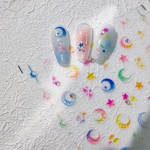 Nail Art Stickers 5D Embossed Adhesive Laser Gradient Holographic Star Moon Clouds Design Dreamy Romantic DIY Manicure Decoration