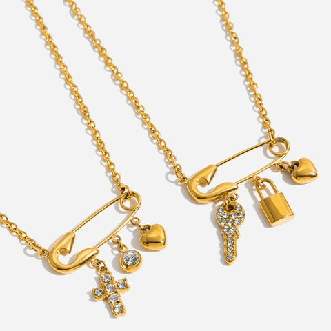 Fashion Stainless Steel Safety Pin Pendant Necklace Gold Plated Zirconia Heart Cross Key Lock Charms Jewelry For Women