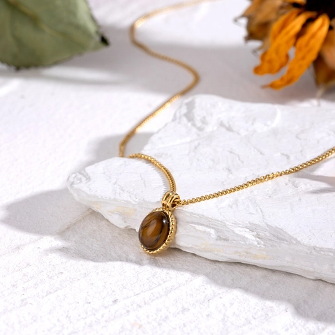 Collar Con Colgante De Piedra Ojo De Tigre Ovalado De Acero Inoxidable Chapado En Oro De 18K Joyería Geométrica Mujer