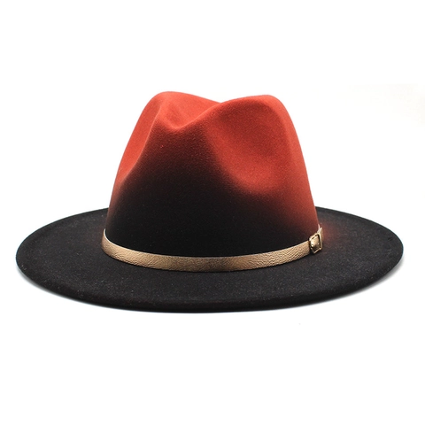 Gradient Fedora Hut Unisex Breitkrempiger Wollfilz Jazz Kappe Metallschnalle Gürtel Britischer Stil