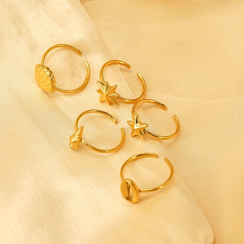 Ocean Element Open Rings 304 Stainless Steel 18K Gold Plated Shell Starfish Conch Octagram Star Adjustable Jewelry Women