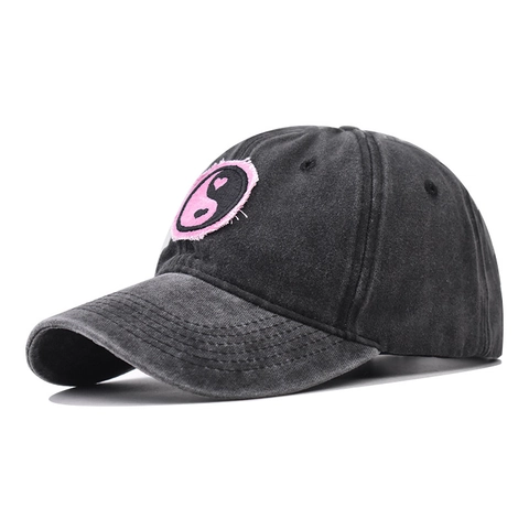 Casquette De Baseball En Coton Délavé Patch Yin Yang Cœur Vintage Ajustable Protection Solaire Pour Hommes Femmes