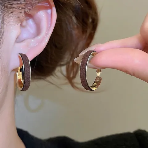 Retro Round Hoop Earrings With 925 Sterling Silver Earring Post Brown Korean Velvet Gold Geometric Jewelry For Women