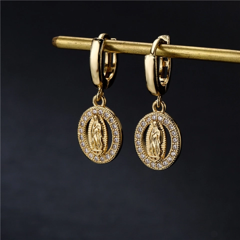 Boucles Oreilles Créoles Pendentif Ovale Vierge Marie Cuivre Micro Pavé Zircon Bijoux Style Religieux Vintage Pour Femmes