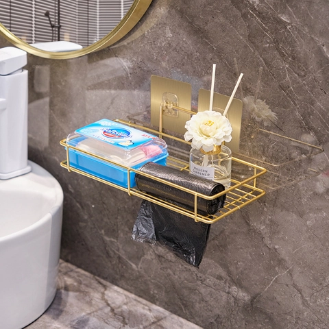 Bathroom Storage Rack Wall Mounted Gold Iron Punch Free Shelf For Toilet Shower Kitchen Organizer