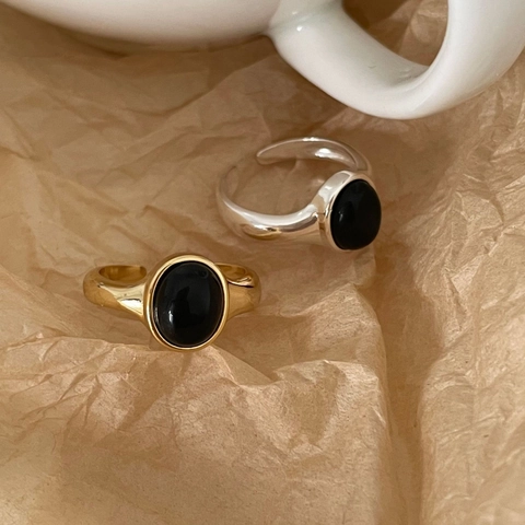 925 Sterling Silber Onyx Ring Vintage Minimalistisch Verstellbar Offen Oval Cabochon Fingerschmuck Für Damen