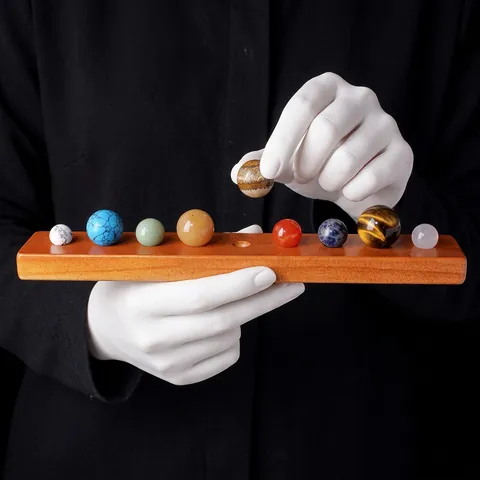 Solar System Planets Natural Crystal Sphere Set With Wooden Base Desktop Ornament Mineral Gemstones Model Science Education Decor