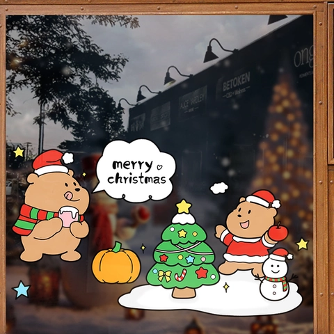 Christmas Window Stickers Static Cling Decals PVC Glue Free Double Sided Cartoon Bear Tree Snowman Holiday Glass Decoration