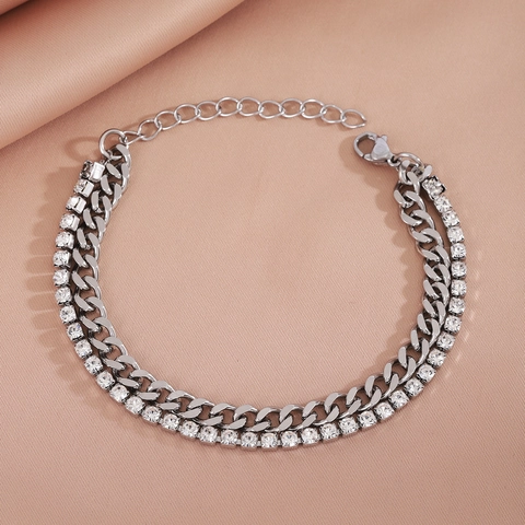 Double Layer Bracelet Stainless Steel Rhinestone Cuban Link Tennis Chain Adjustable Trendy Fashion Jewelry Unisex