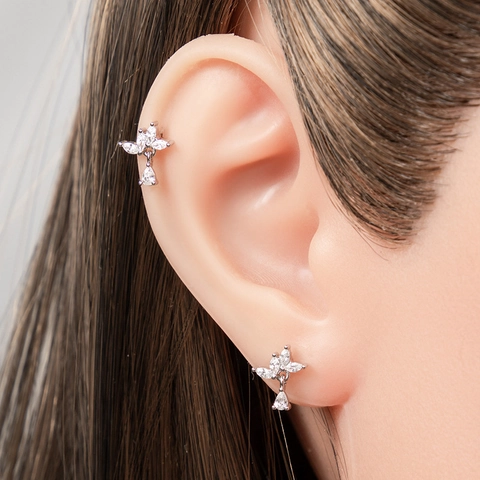 Zircon Flower Ear Cartilage Stud With Water Drop Pendant Titanium Steel Screw Back Piercing Jewelry Fashion For Women