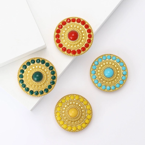 Round Alloy Rhinestone Brooch Pin For Women Turkish Retro Court Style Matte Gold Finish For Suits Shawls Accessory