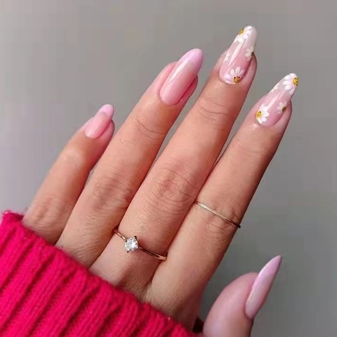 Roze French Tip Kunstnagels Madeliefje Bloemenpatroon Glanzend Amandelvorm Kunstmatige Vingernagels Voor Dames Zoete Stijl
