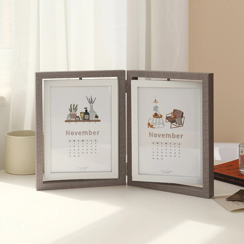 Rotating Photo Frame Double Sided Wood Texture Foldable Desktop Picture Holder Modern Minimalist Home Decor Gift