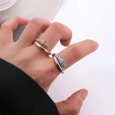 Anello A Forma Di Serpente In Rame Con Zirconia Cubica Bianca E Occhi Verdi Rossi Aperto Regolabile Gioielli Di Moda Per Donne