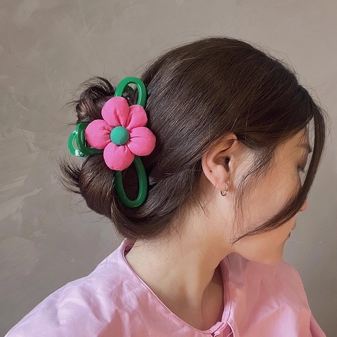 Grande Molletta Per Capelli A Fiore Base In Plastica Con Tessuto Stereoscopico 3D Floreale Pinza Per Donne Elegante Accessorio Estivo