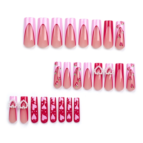 Uñas Postizas Largas Rosado Rojo French Tip Perla Artificial Corazón Patrón Fresa Dulces Para Mujeres