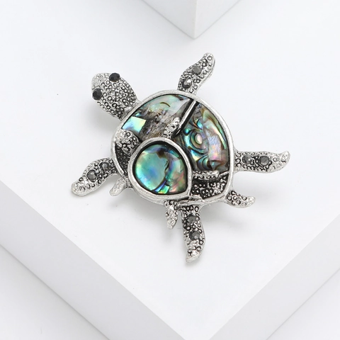 Retro Antiek Zilver Zeeschildpad Brosje Kleurrijke Abalone Schelp Ingelegd Legering Zwarte Strass Dier Brosje Pins Voor Vrouwen
