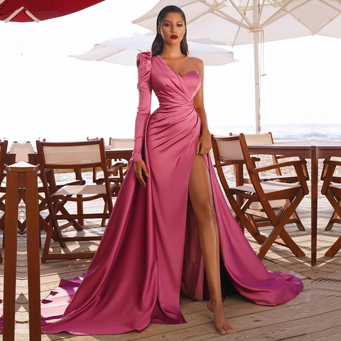 Single Shoulder Satin Evening Dress Ruched High Split Long Puff Sleeve Floor Length Elegant Formal Gown For Women