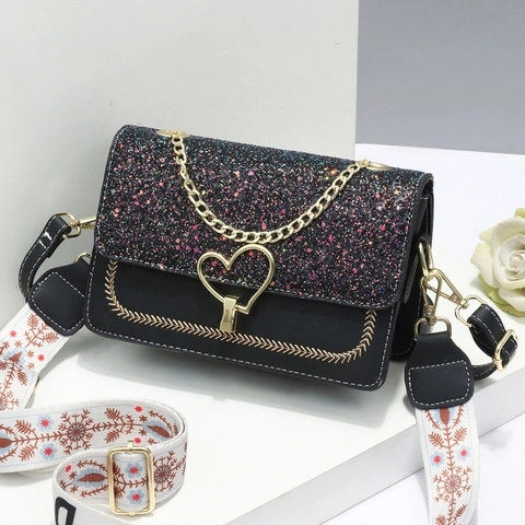 Women Sequin Glitter PU Leather Crossbody Bag With Heart Shaped Lock And Patterned Wide Strap Elegant Small Square Handbag
