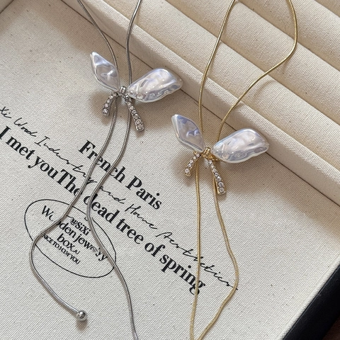 Collar De Perlas Artificiales Con Colgante De Mariposa Aleación Diamantes De Imitación Cadena Larga Borla Estilo Coreano Para Mujer