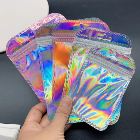 Holographic Self Sealing Packaging Bags Rainbow Laser Plastic Ziplock Pouch With Hanging Hole For Jewelry Small Items