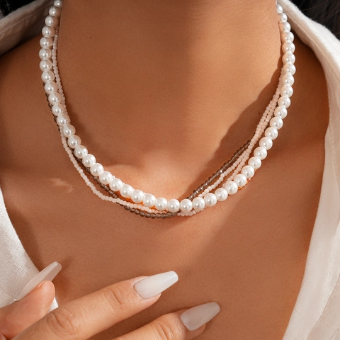 Vintage Multi-layer Necklace With Imitation Artificial Pearls And Colorful Glass Beads Stainless Steel Baroque Jewelry For Women