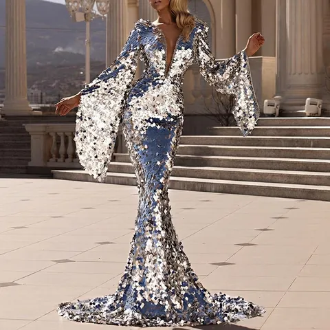 Vestido de Noche Sexy de Lentejuelas Plateadas para Mujer Cuello en V Profundo Mangas de Campana Silueta de Sirena Largo Hasta el Suelo para Banquete Fiesta
