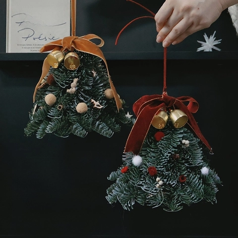 Mini Christmas Tree Tabletop Ornament With Velvet Bow Gold Bells Simulated Pine Desktop Decoration For Holiday Gift