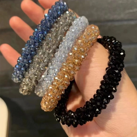 Crystal Beaded Hair Ties Faceted Glass Beads Elastic Hair Rings For Ponytail Bun Korean Style Simple Elegant Accessories