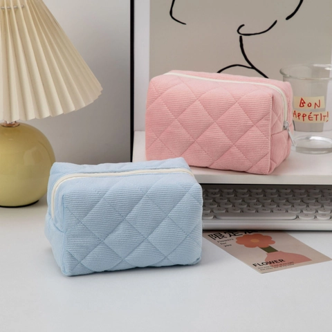 Bolsa De Maquillaje Acolchada De Pana Gran Capacidad Neceser De Viaje Organizador Con Cremallera Y Patrón De Cuadros