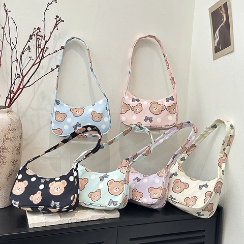 Damen Cartoon Bär Print Unterarmtasche Süße Polka Dot Schleife Nylon Umhängetasche Lässige Harajuku Handtasche Für Mädchen