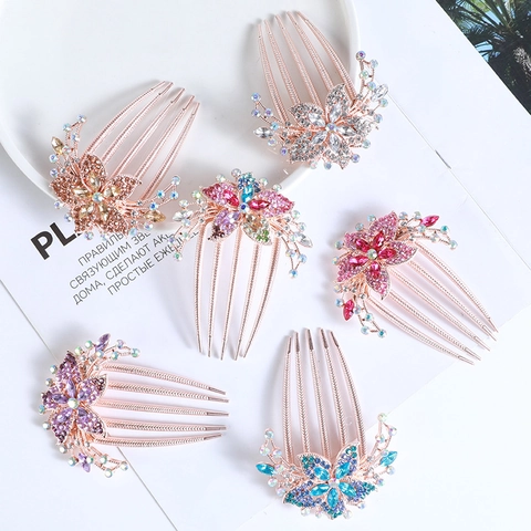 Rhinestone Flower Hair Comb Rose Gold Alloy Elegant Hair Stick Wedding Party Hair Accessories For Women