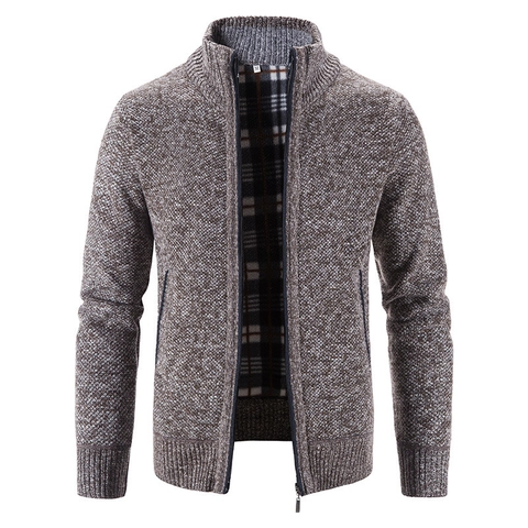 Men's Knit Cardigan Jacket Stand Collar Zip-Up Fleece Lined Checkered Thermal Sweater Winter Outerwear Casual