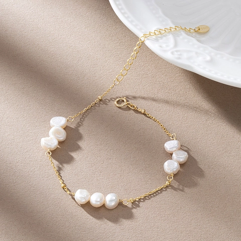 Bracciale di Perle d'Acqua Dolce in Argento Sterling S925 per Donna Placcato Oro 14K Bracciale a Catena con Perle Barocche