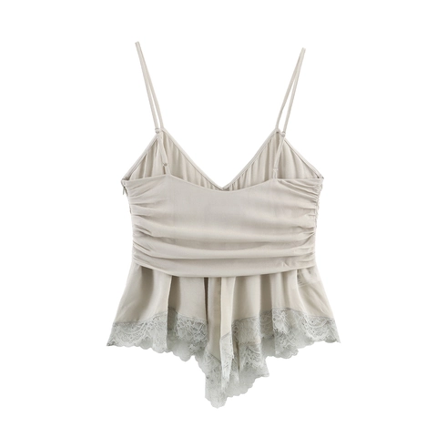Damen Camisole Tank Top Georgette Spitze Seidig V Ausschnitt Raffung Verstellbare Träger Sexy Schmale Passform