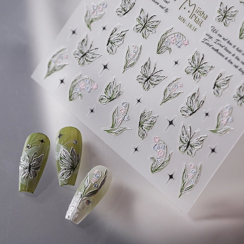 3D Relief Nail Art Stickers Butterfly Lily Of The Valley Flower Embossed Adhesive Decals Manicure Decoration For Women