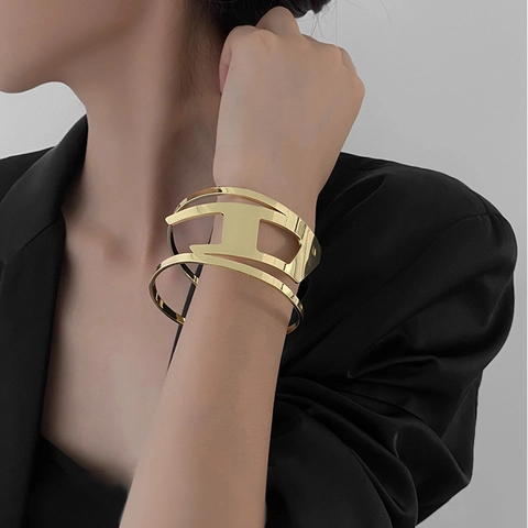 Geometric Hollow Alloy Cuff Bangle Armband Irregular Double Layer Adjustable Open Metallic Minimalist Jewelry Women
