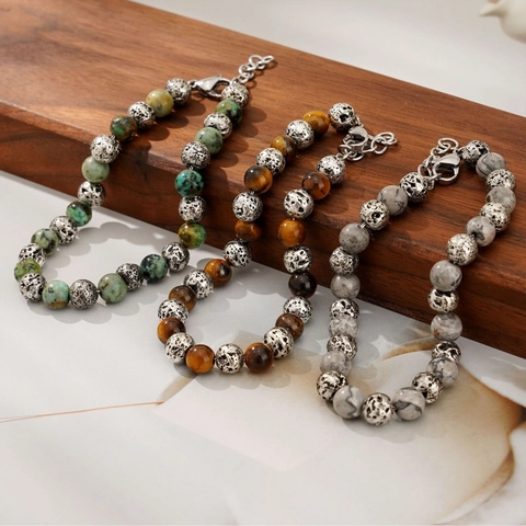 Pulsera De Cuentas De Piedra Natural Ojo De Tigre Turquesa Africana Piedra De Mapa Acero Inoxidable Ajustable Hombre
