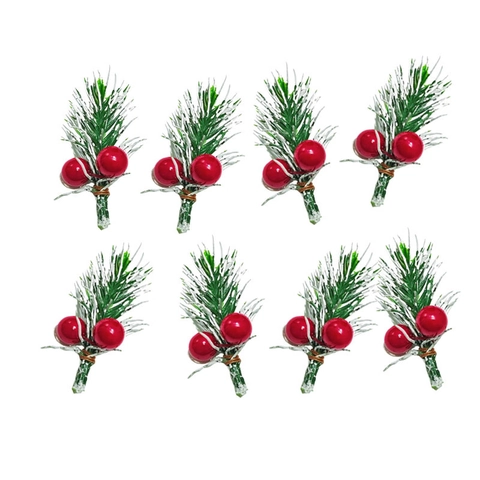 Artificial Pine Needles Branches With Red Berries Frosted Snow Effect For Christmas DIY Gift Box Decoration Home Ornaments Festive