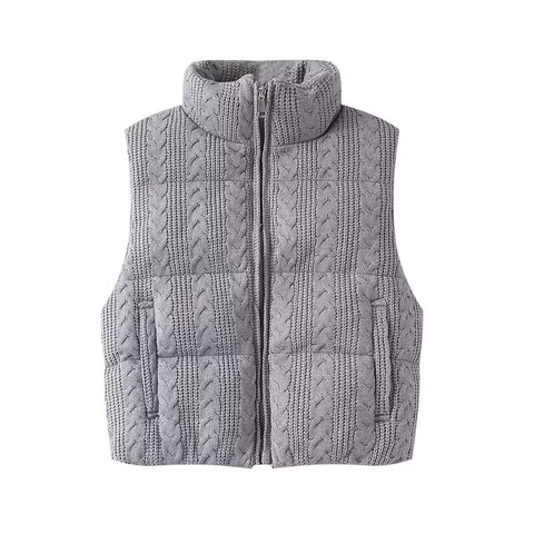 Women's Vintage Cable Knit Padded Vest Stand Collar Zipper Quilted Gilet Sleeveless Jacket Autumn Winter Warm Waistcoat
